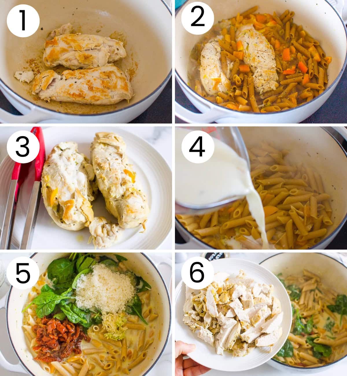 Step by step process how to make tuscan chicken pasta.