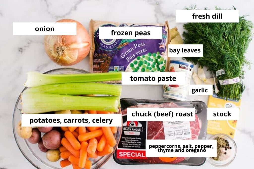 Chuck roast, potatoes, celery, carrots, frozen peas, onion, tomato paste, broth, garlic and fresh dill.