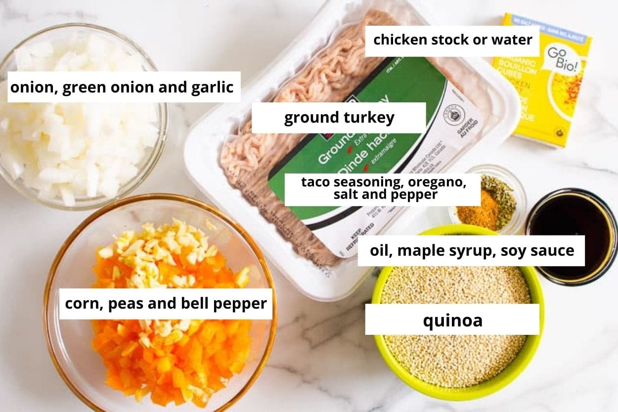 Ground turkey, onion, garlic, quinoa, corn, bell pepper, oil, maple syrup, soy sauce and seasonings.