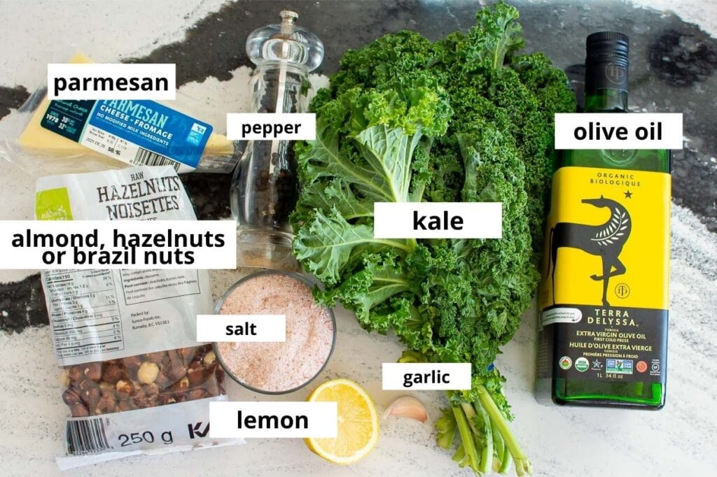 Kale, lemon, garlic, mixed nuts, parmesan, olive oil, salt and pepper.