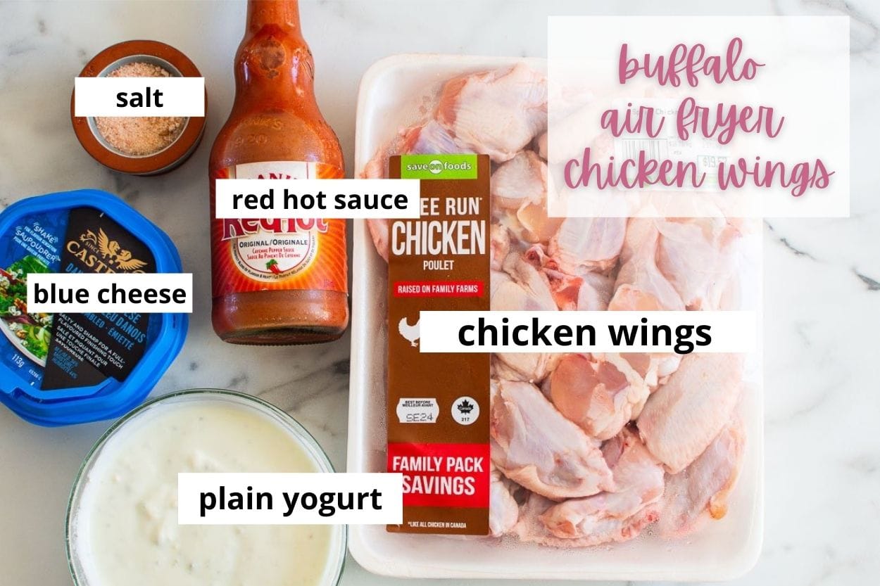 Hot sauce, raw chicken wings, blue cheese, yogurt, salt.