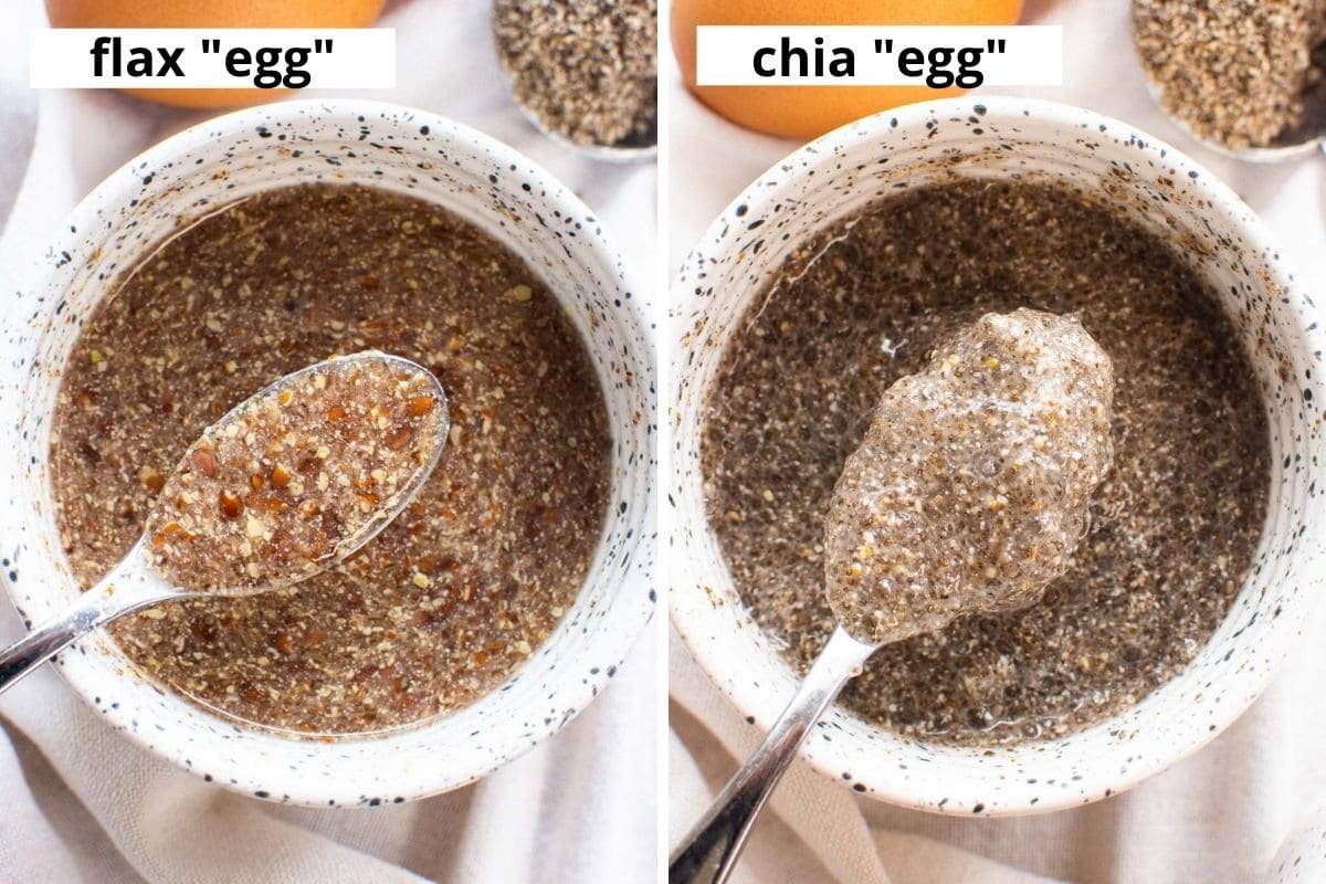 Chia egg vs flax egg in bowls with a spoon side by side comparison.