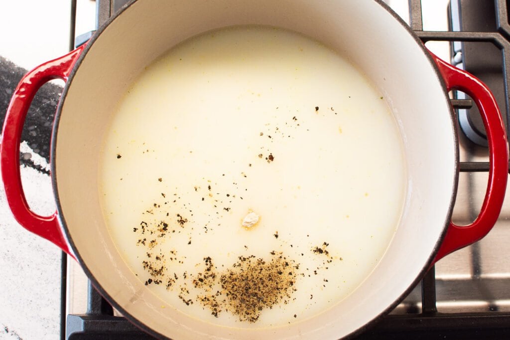 Milk, broth, butter, garlic powder, salt and pepper in red pot on the stove.