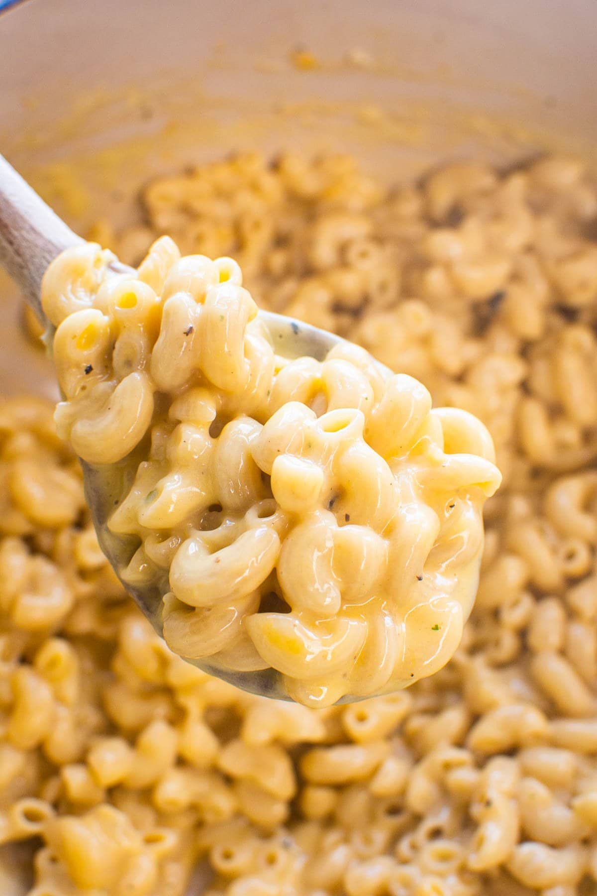 Healthy mac and cheese on wooden spoon.