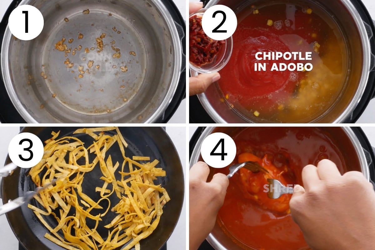 Step by step process how to make chicken tortilla soup in Instant Pot.