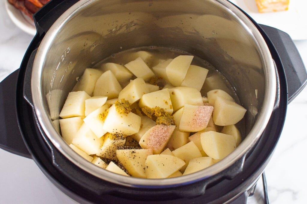 Cubed potatoes with seasonings in pressure cooker.