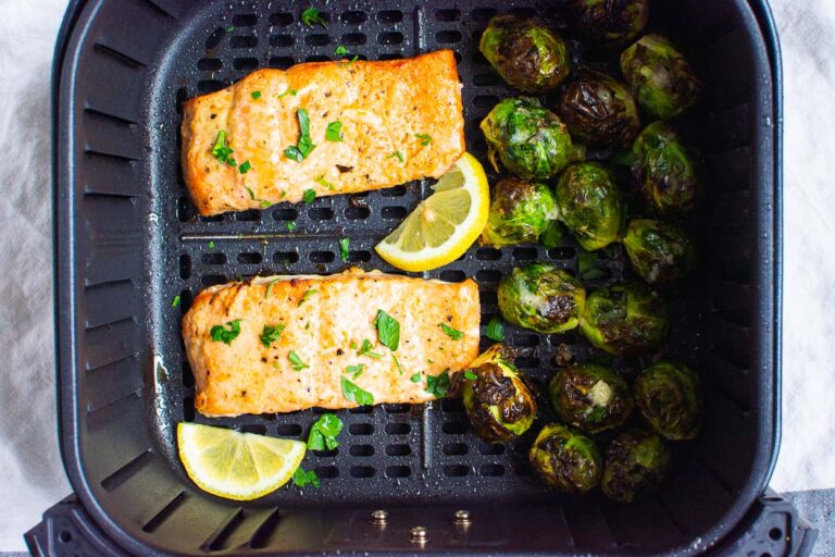 Air Fryer Salmon and Brussels Sprouts {Crispy!}