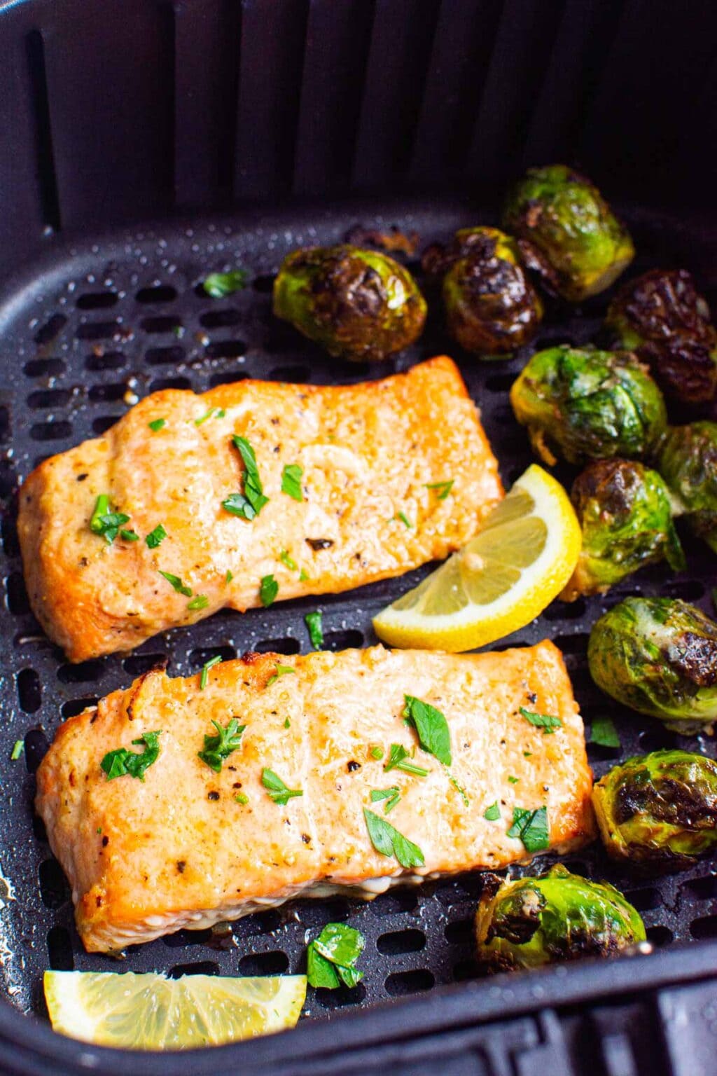 Air Fryer Salmon and Brussels Sprouts {Crispy!}