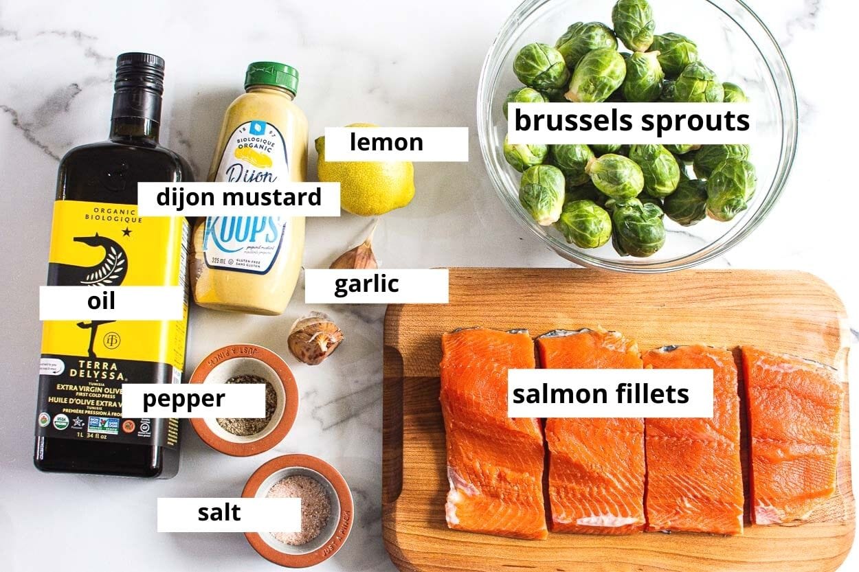 salmon, brussels sprouts, oil, dijon mustard, garlic, and lemon.
