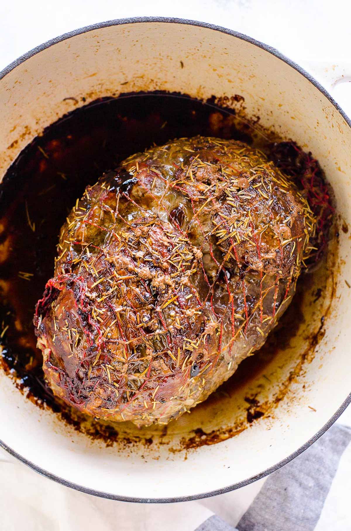 boneless leg of lamb roast in a dutch oven