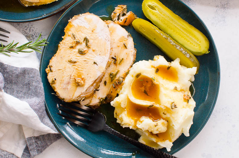 turkey breast roast with mashed potatoes and gravy
