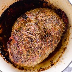 boneless leg of lamb finished in pot with herb crust