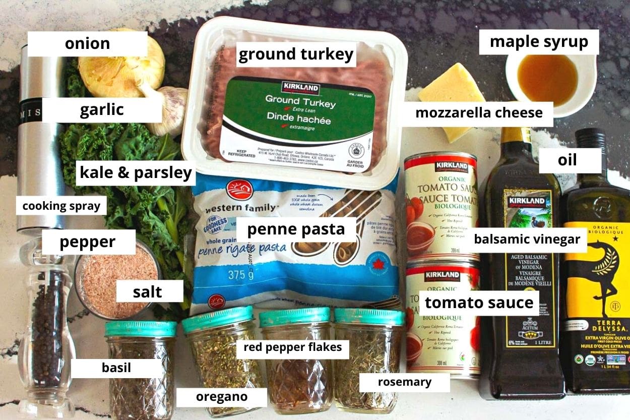 Ground turkey, pasta, mozzarella cheese, onion, garlic, kale, parsley, tomato sauce, balsamic vinegar, oil, spices.