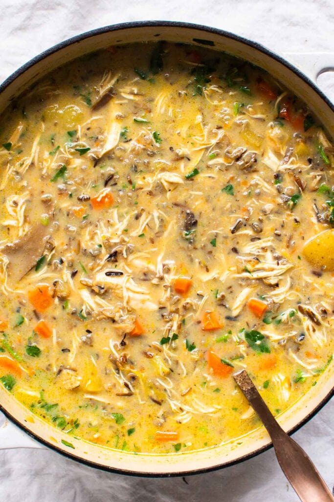 chicken and wild rice soup in white pot
