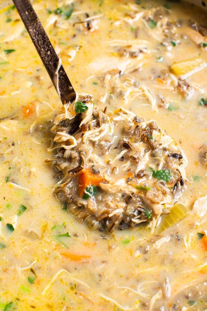 ladle with healthy chicken wild rice soup