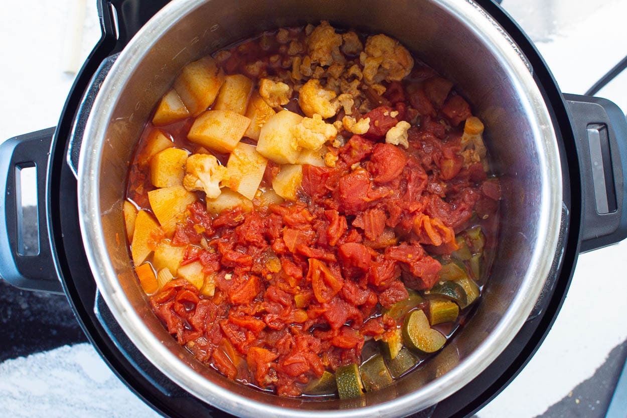 Cooked vegetable soup in Instant Pot.