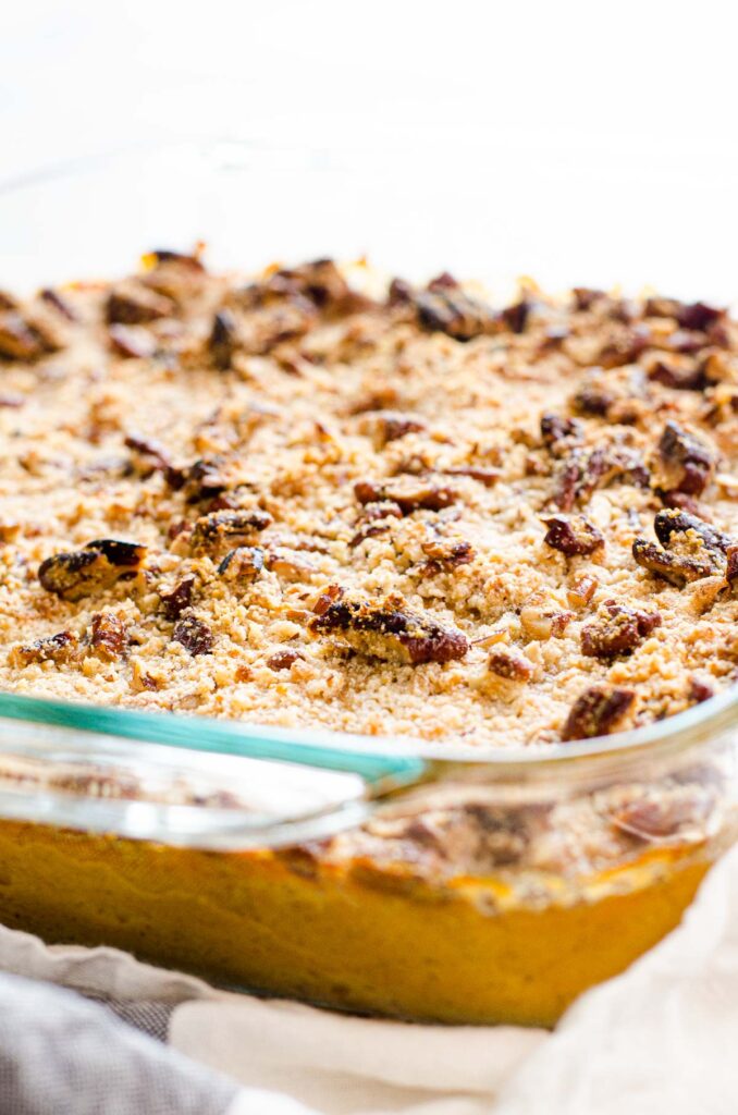 Healthy Sweet Potato Casserole with pecan crumb topping
