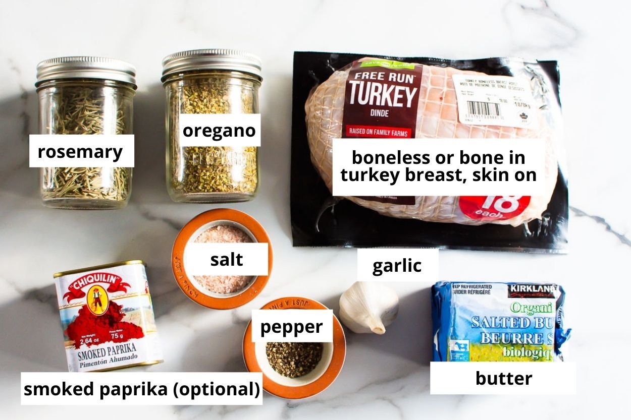 Herbs and spices, garlic, butter and boneless turkey.