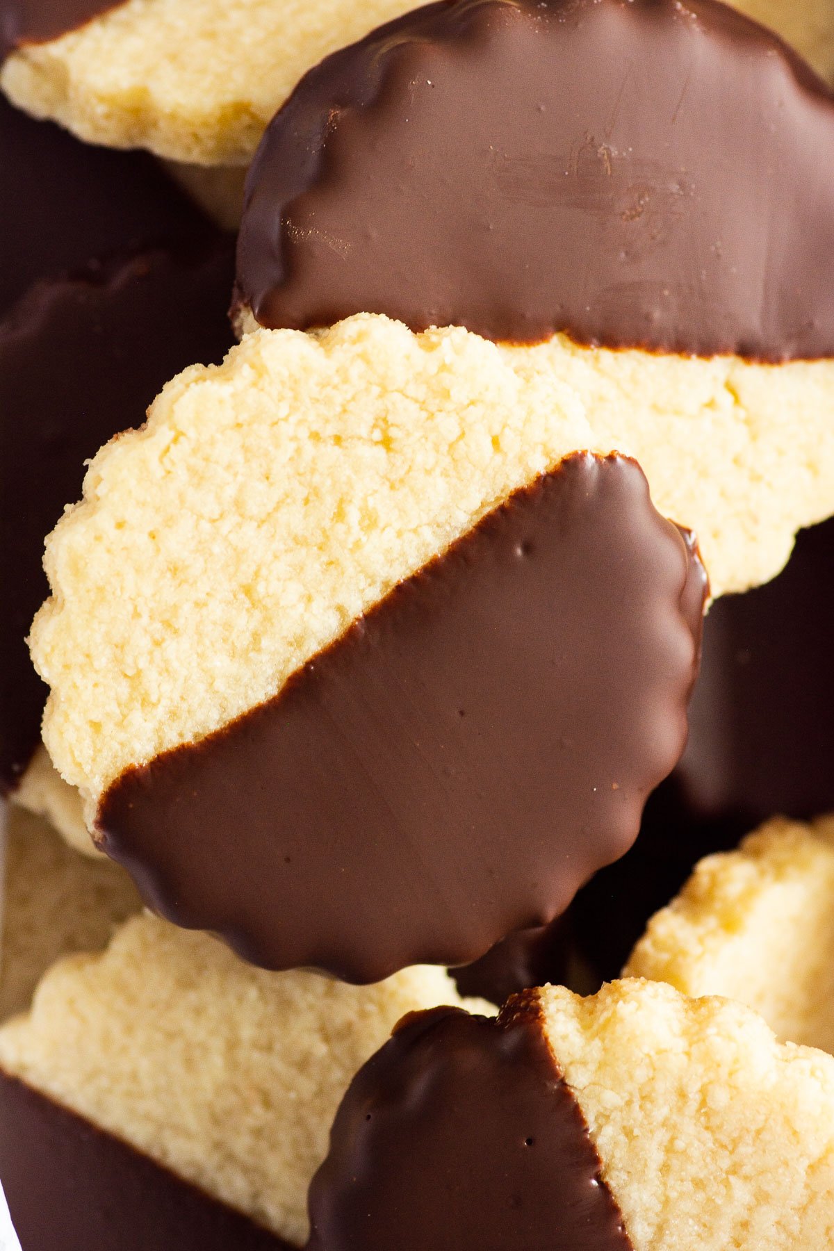 Almond flour chocolate dipped shortbread cookies.