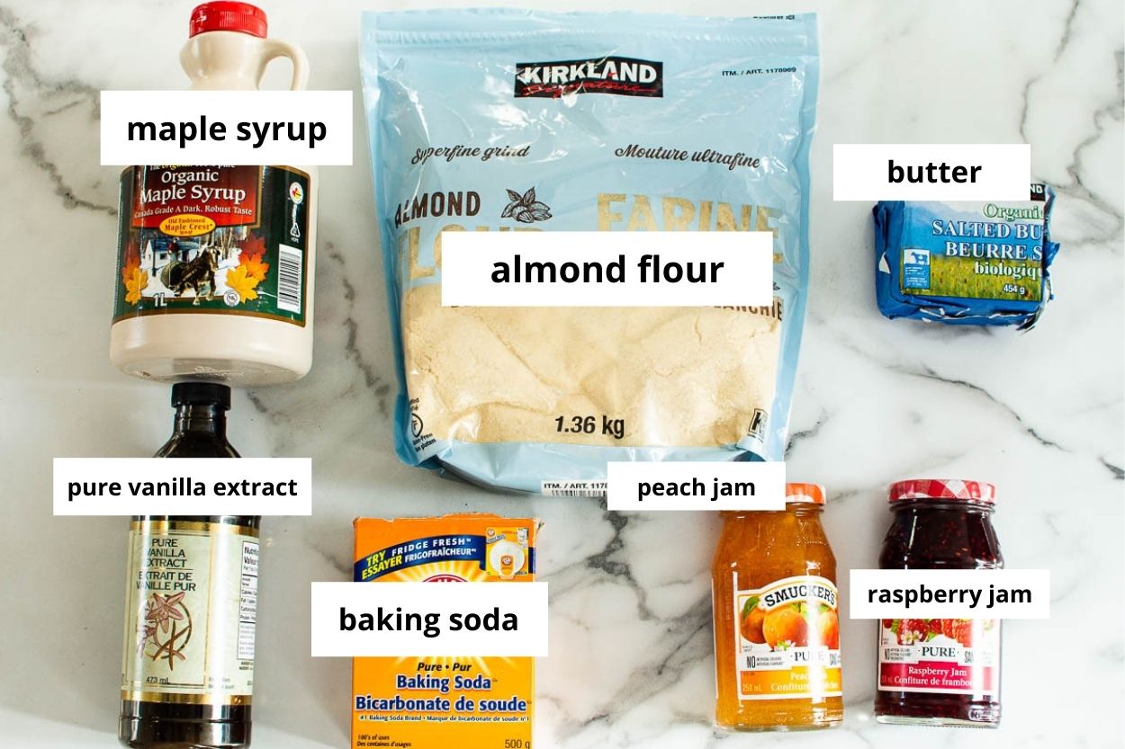 Almond flour, jam, baking soda, vanilla, butter, and maple syrup.