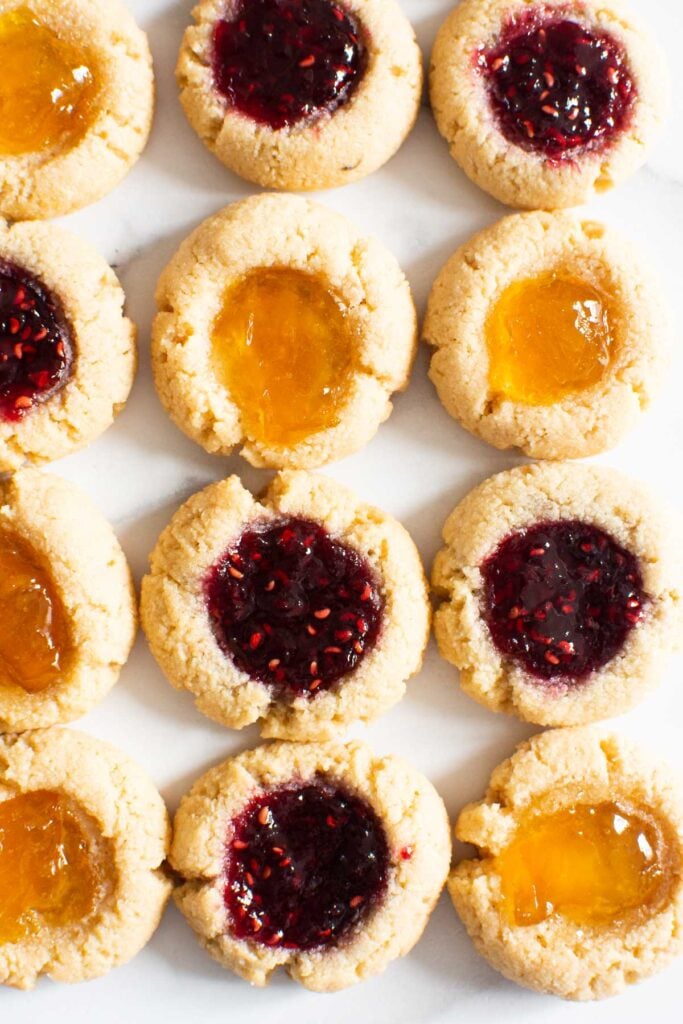 almond flour thumbprint cookies with raspberry and peach jam