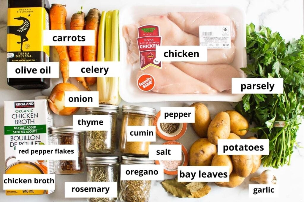 Chicken, carrots, potatoes, celery, onion, seasonings and parsley. 