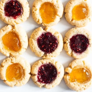 almond flour thumbprint cookies with raspberry and peach jam