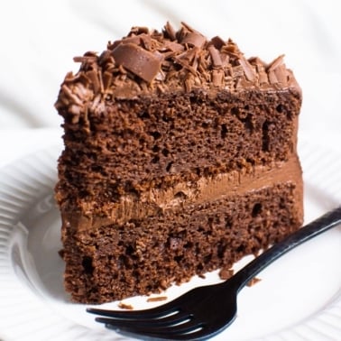 healthy chocolate cake slice on white plate