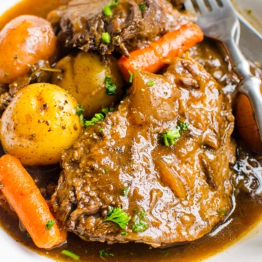 Instant Pot pot roast with baby potatoes and carrots.
