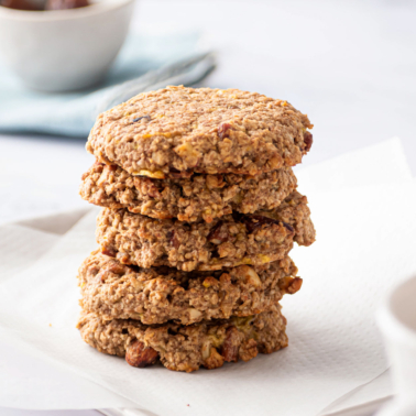 sugar free oatmeal cookies stacked on a linen