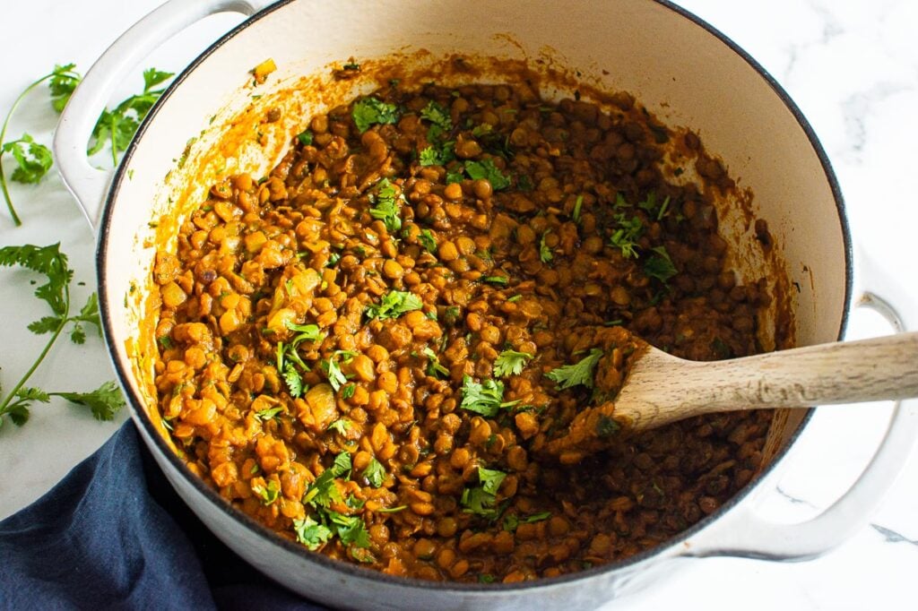 finished indian lentil dish with coconut milk and green lentils
