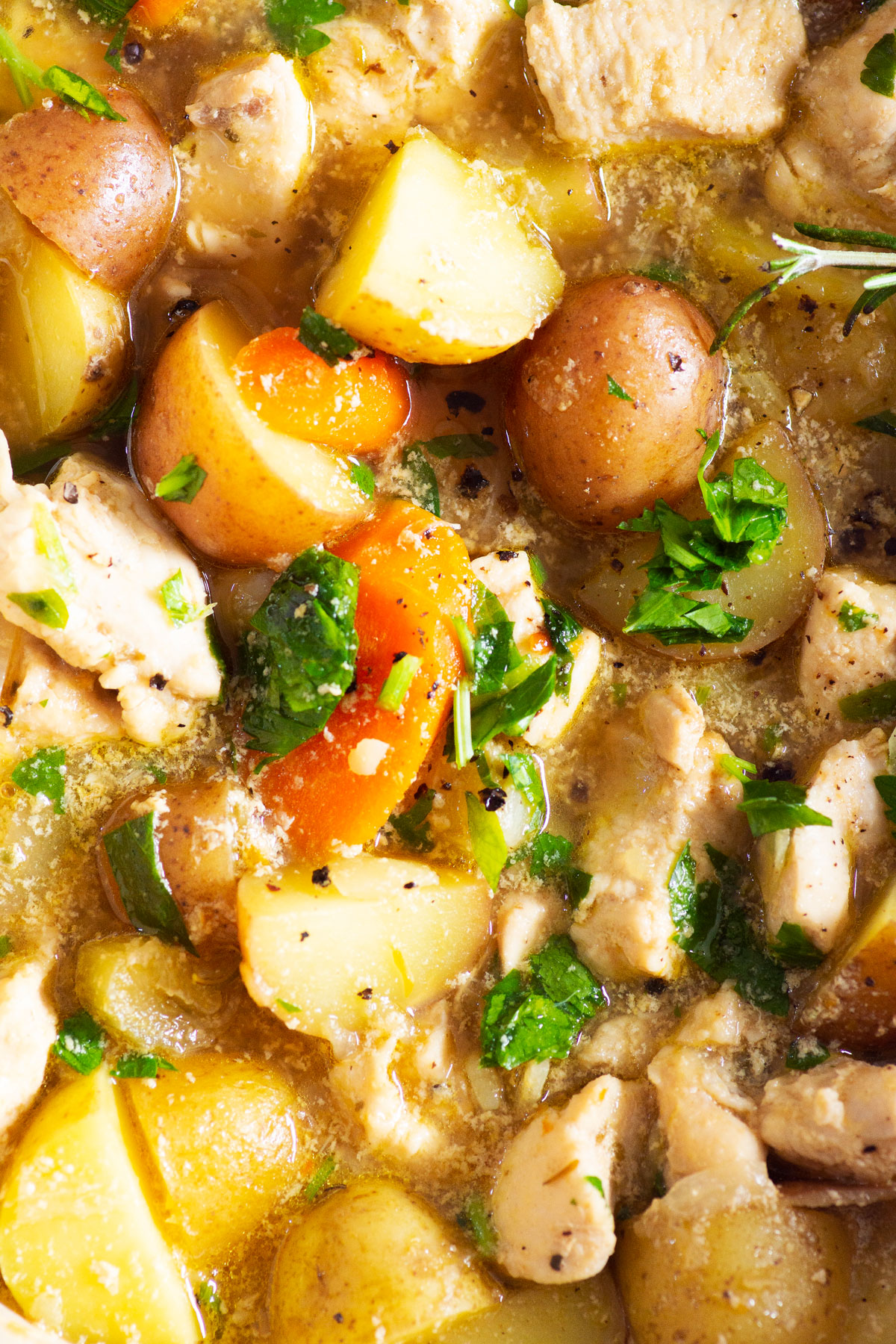 close up of chicken stew with potatoes carrots and fresh herbs