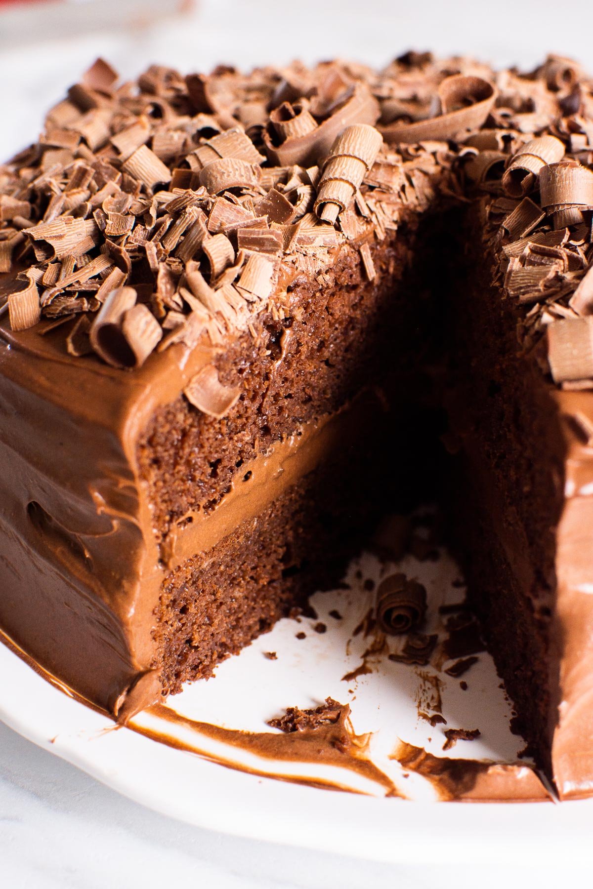 healthy chocolate cake cut in showing texture