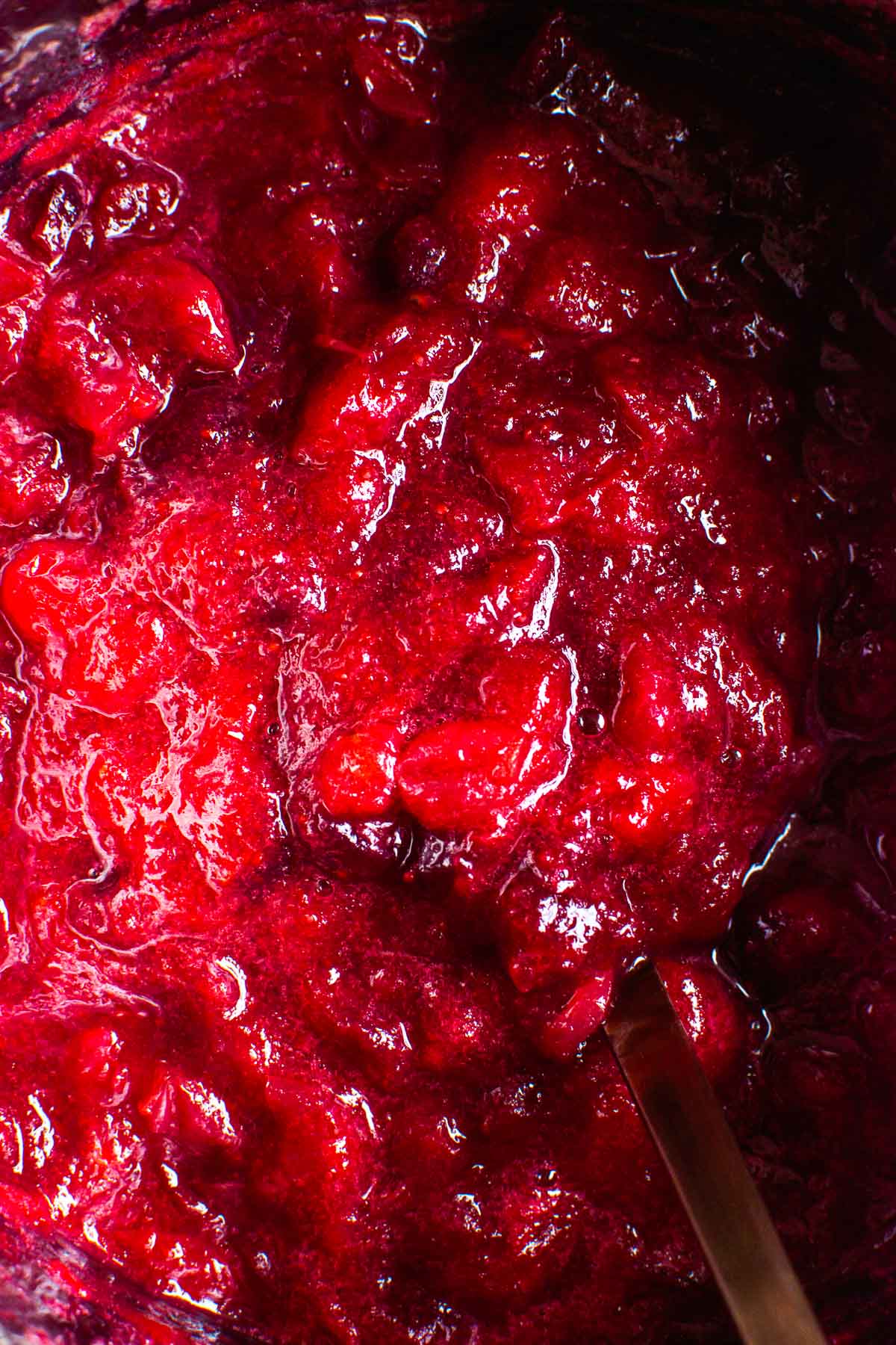 Closeup of cranberry sauce with ladle in it.