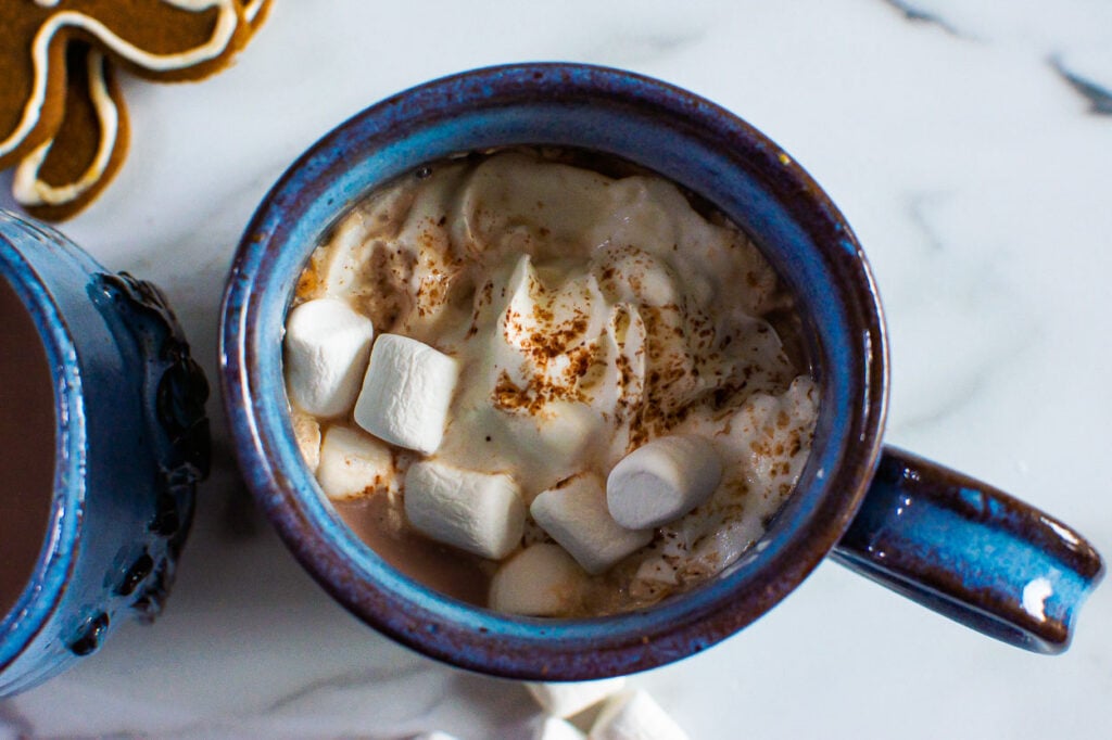 hot cacao in a blue mug with mini marshmallows and whipped cream