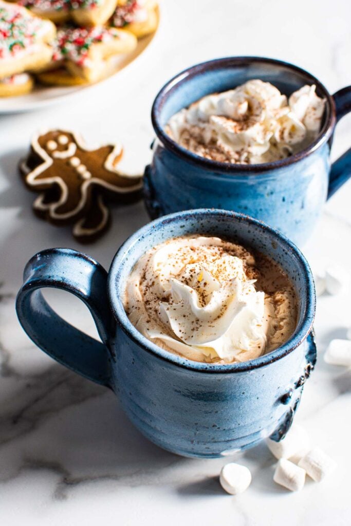 healthy hot chocolate with whipped cream in blue mugs