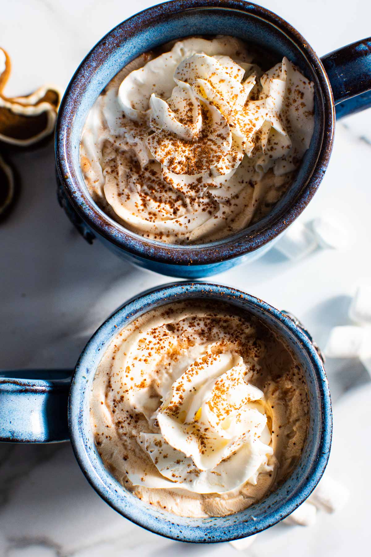 creamy light hot chocolate with whipped cream dusted with cocoa powder in blue mugs