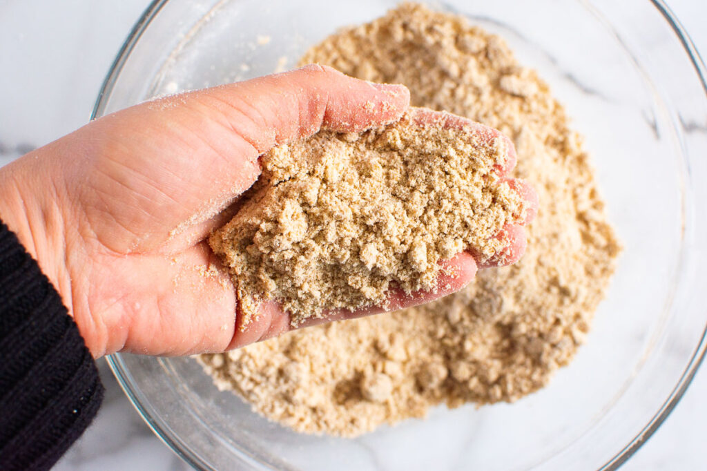 crumbly healthy pie crust dough in hand