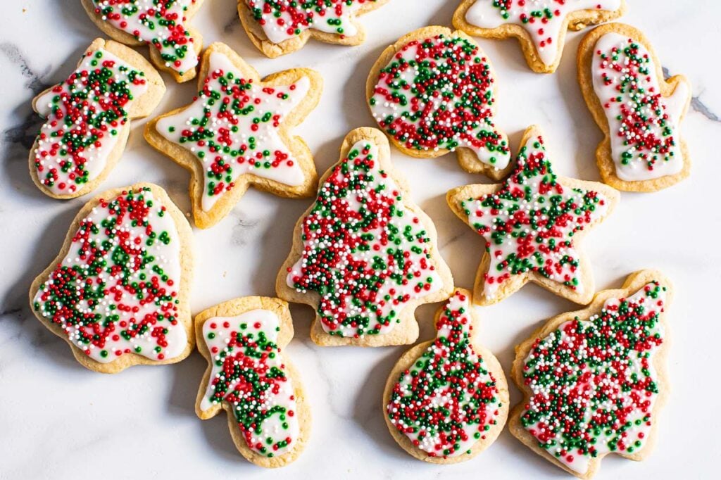 Iced healthy sugar cookies with red and green sprinkles.