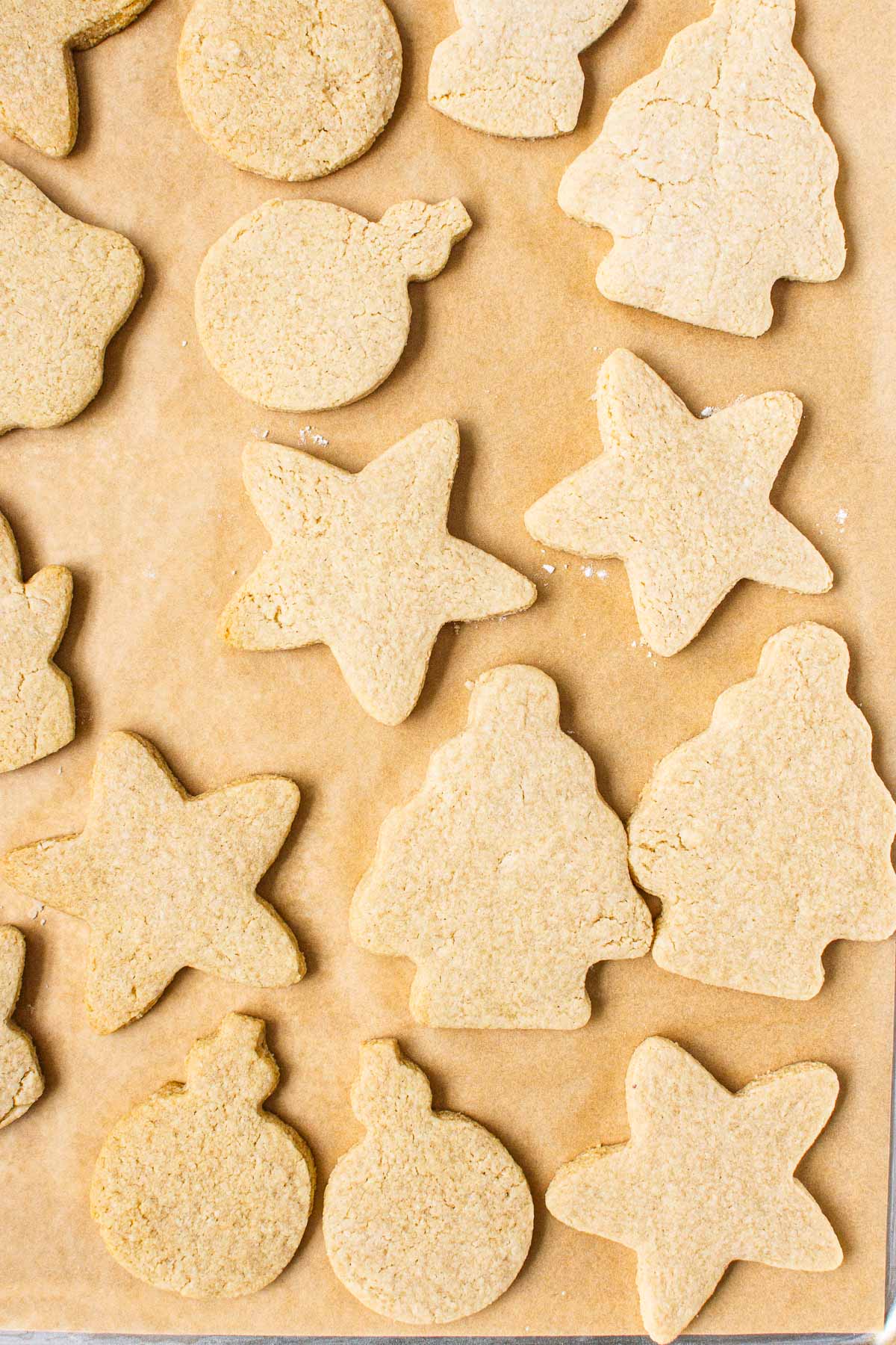 Plain sugar cookies cut into shapes on parchment paper.