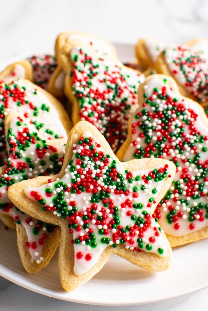 decorated healthy christmas sugar cookies on a plate for serving