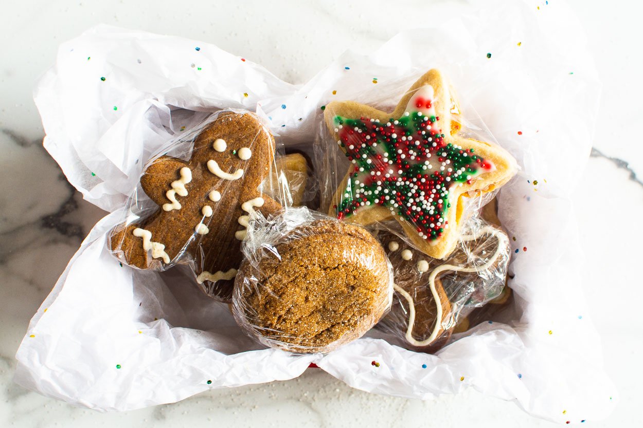 Plastic wrapped cookies in box for shipping.