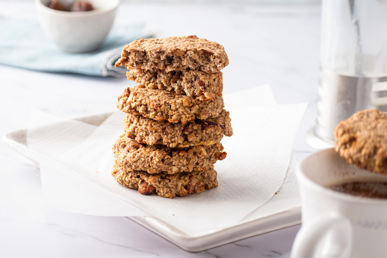 stack of sugar free oatmeal cookies with tea for serving