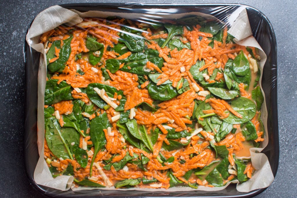 covered with plastic baking dish with sweet potato breakfast casserole