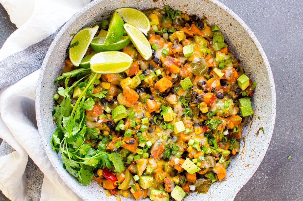 sweet potato skillet with beans cilantro and lime