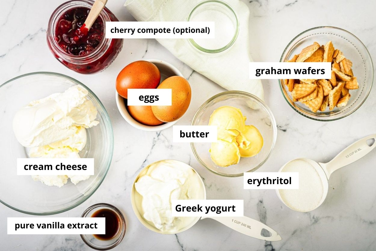 Greek yogurt, cream cheese, eggs, butter, cherry compote graham crackers.