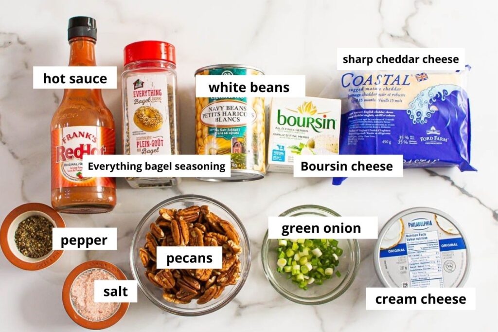 ingredients for healthy cheese ball recipe with cream cheese cheddar and boursin