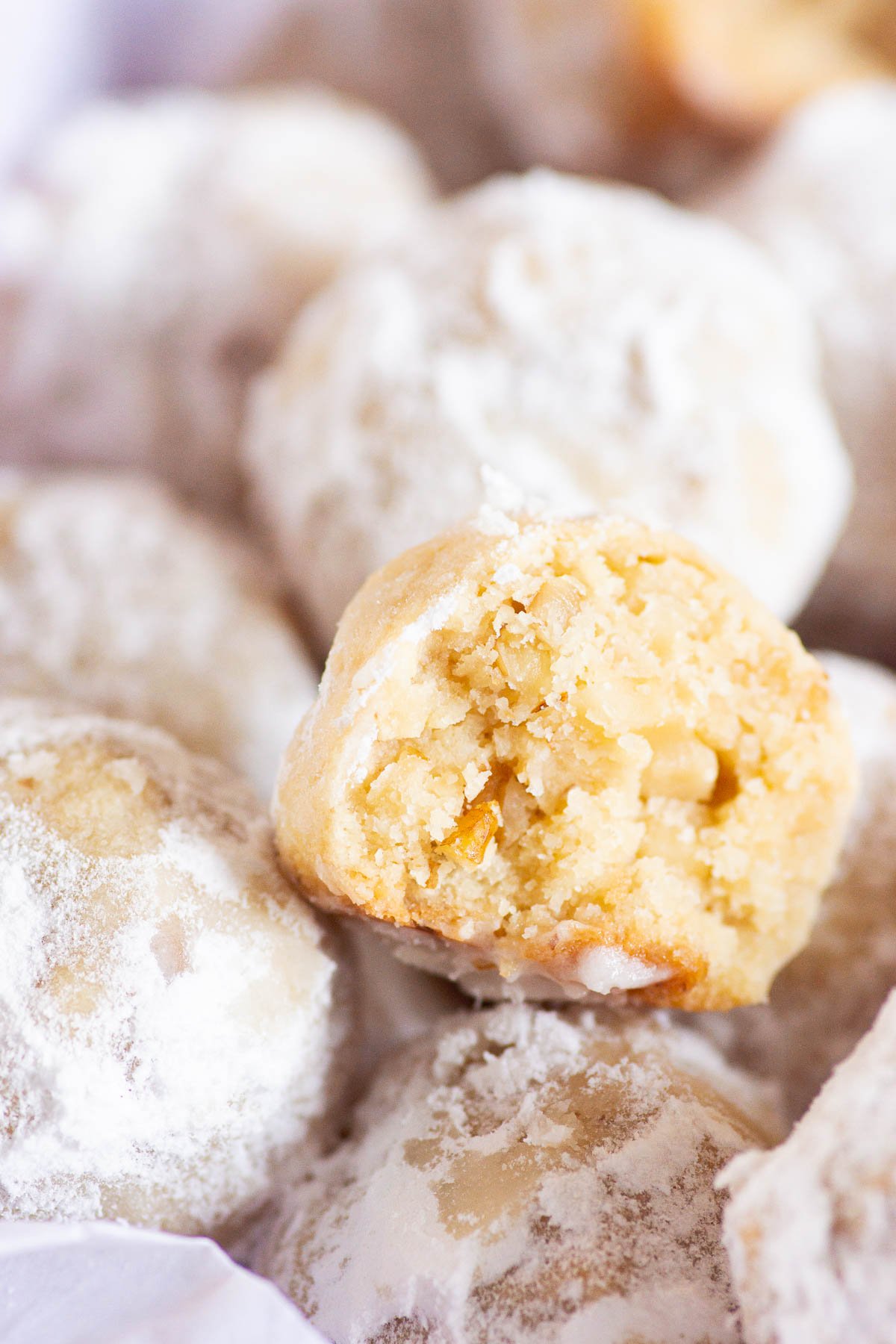 healthy gluten free snowball cookies showing texture inside