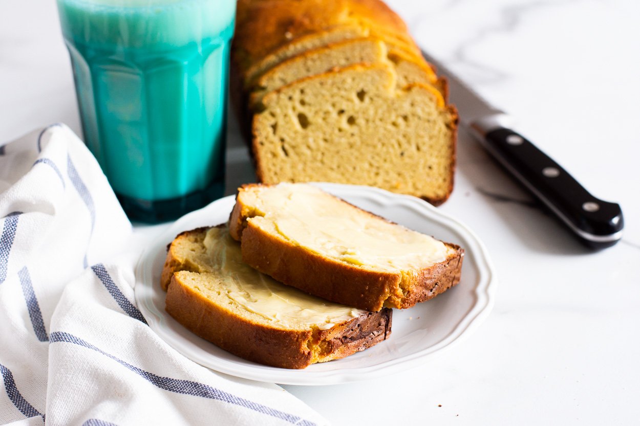 Almond flour bread sliced on a plate.