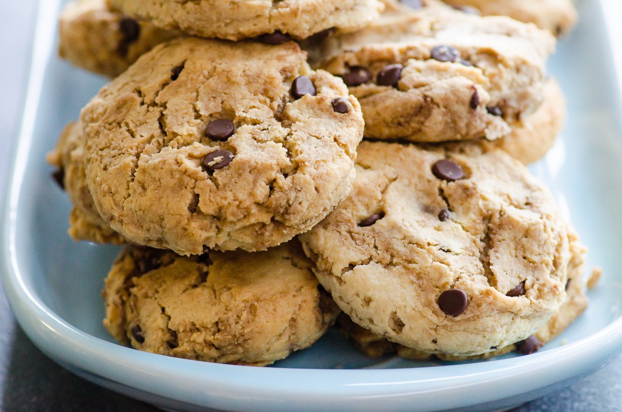 Almond flour chocolate chip cookies on a plate for serving.